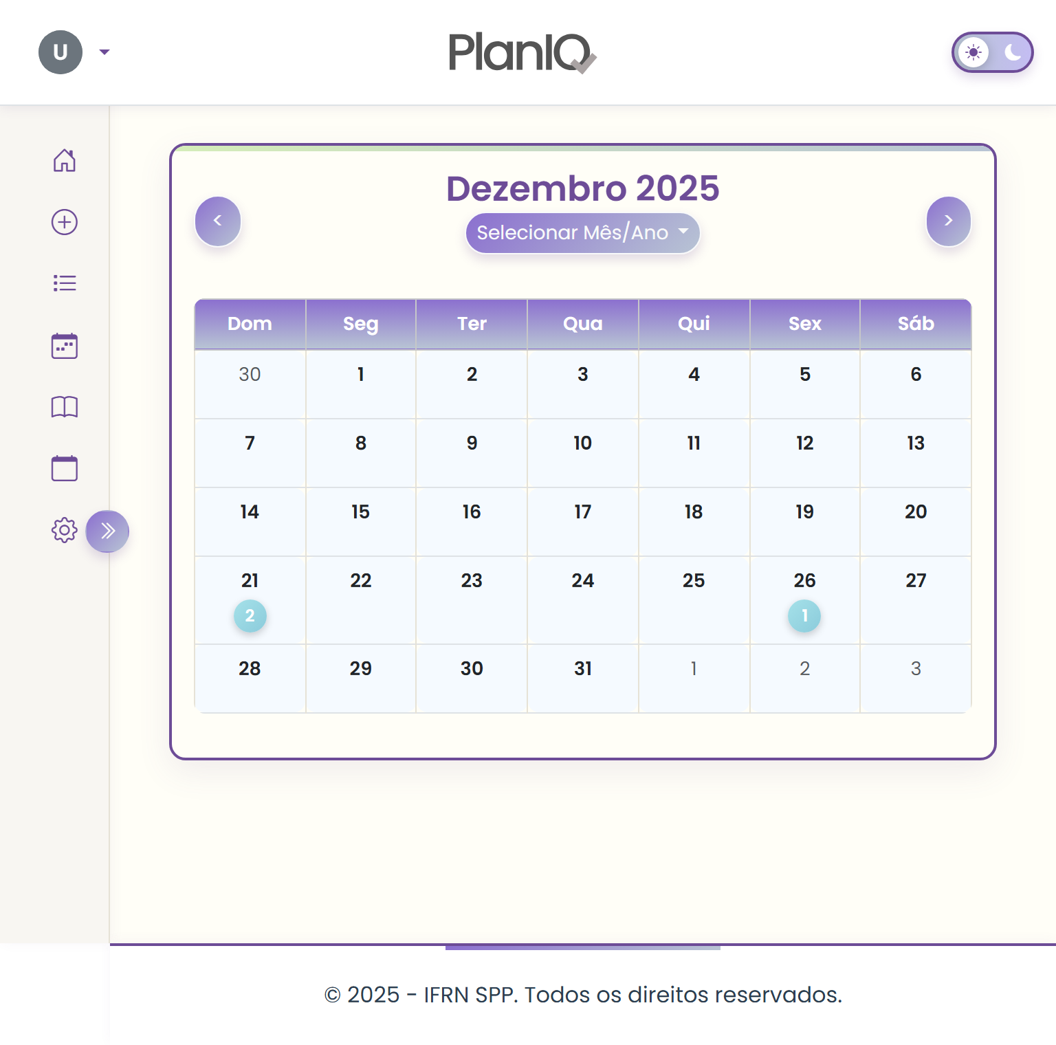 Tela do calendário no PlanIQ