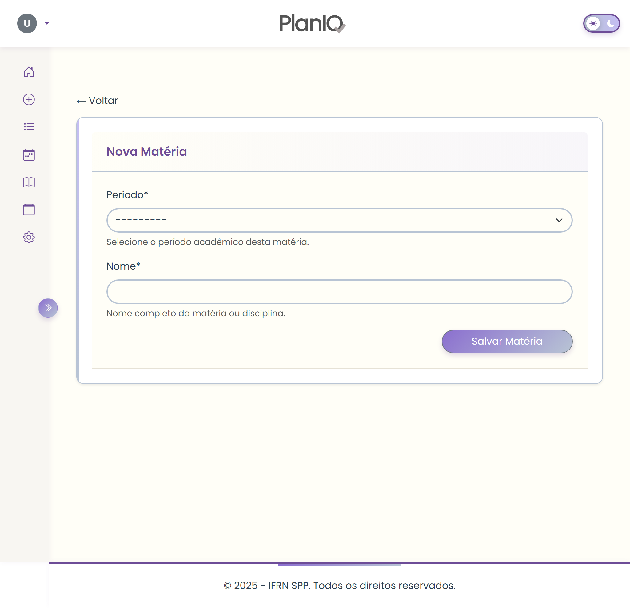 Tela de criação de matéria no PlanIQ