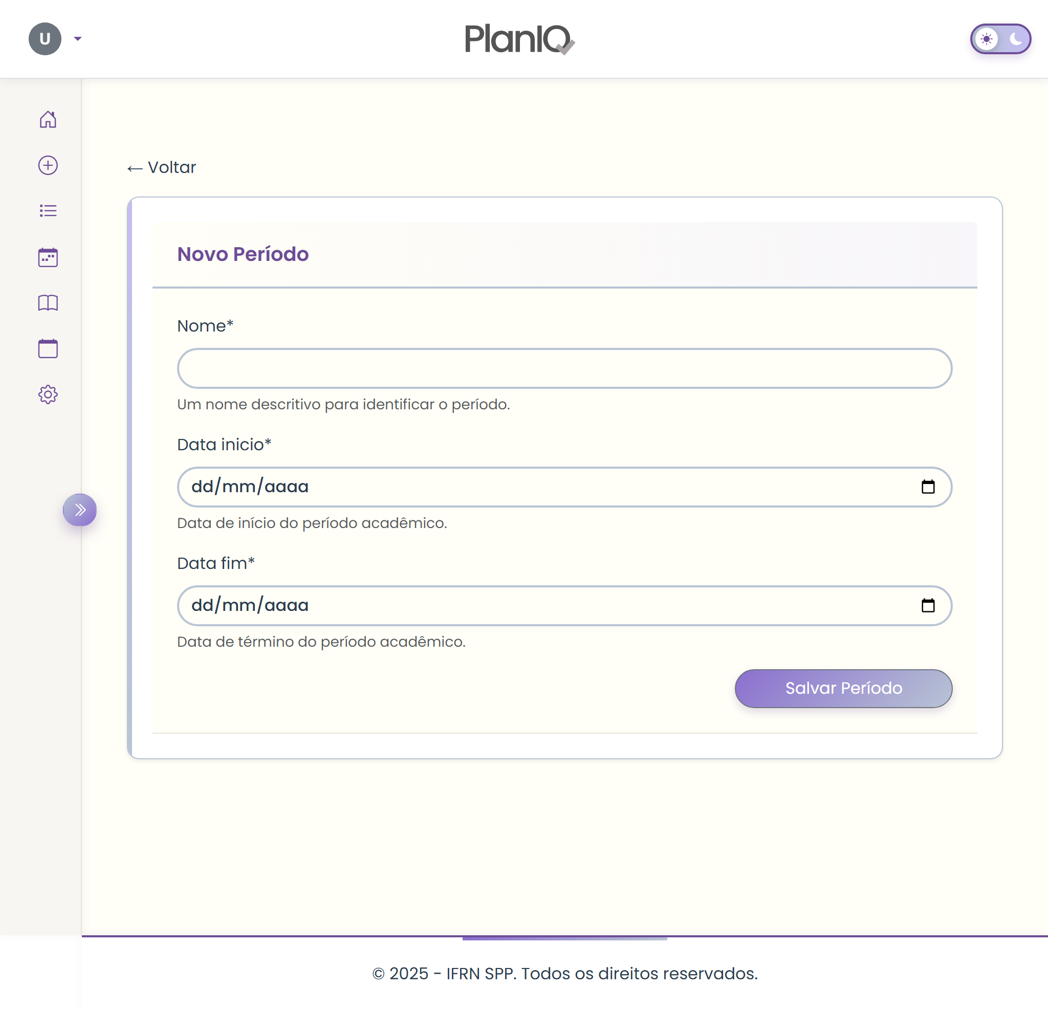 Tela de criação de periodo no PlanIQ