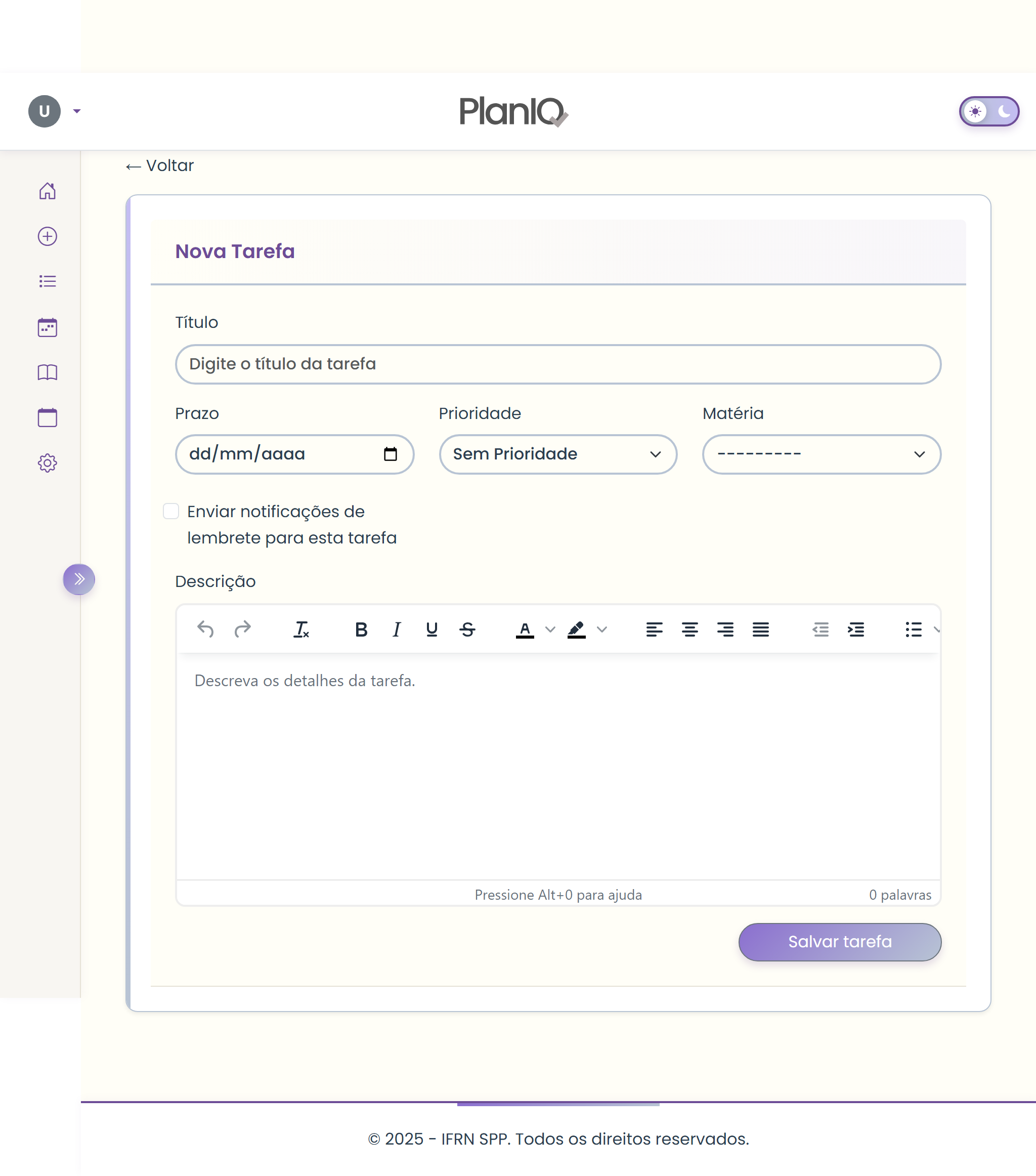 Tela de criação de tarefas no PlanIQ