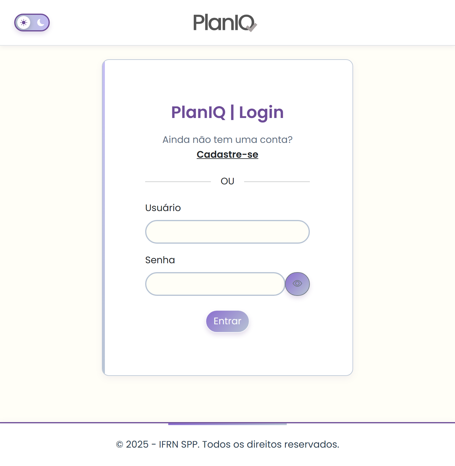 Tela de login no PlanIQ